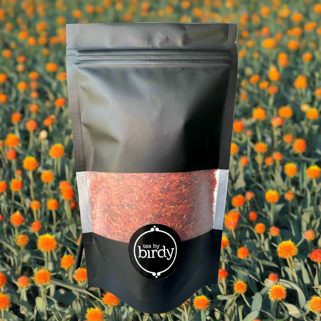 Safflower petals in bag and background 