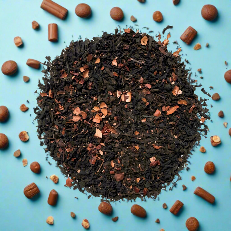 Chocolate tea with chocolate background