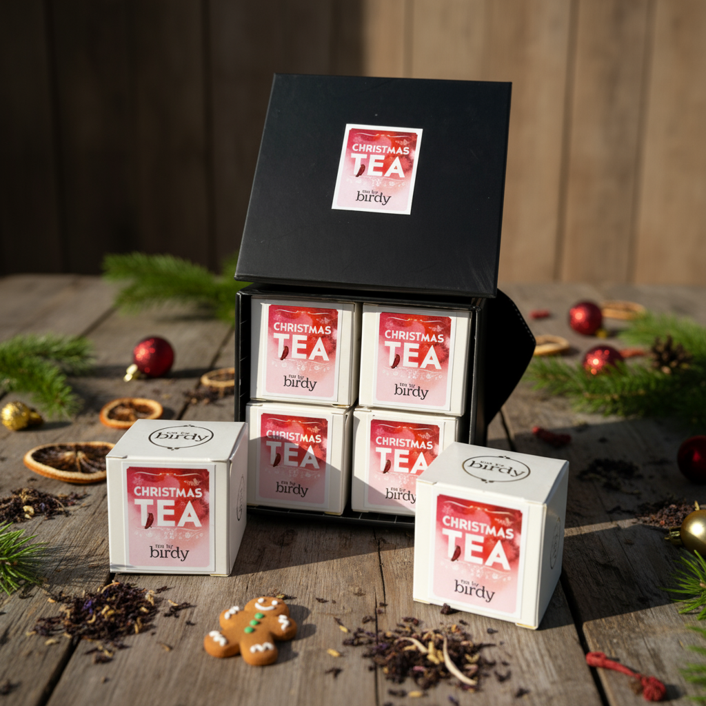 Set of 'Christmas Tea' boxes by birdy in a black gift box 