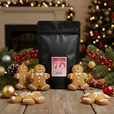 Christmas Black tea packaging with a label on a white background