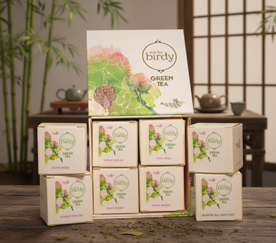 Collection of  green tea boxes on a wooden surface with a blurred background