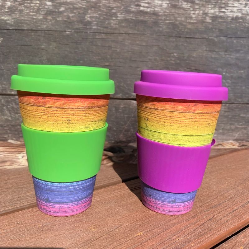 reusable bamboo cups - green and purple