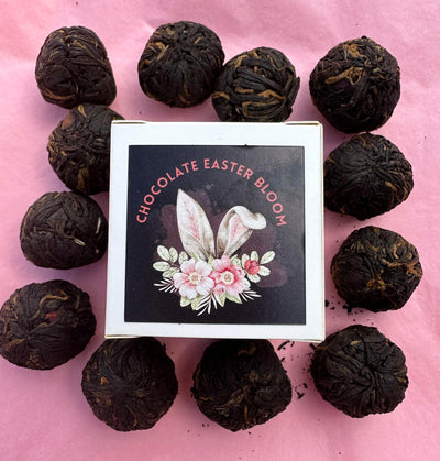Chocolate Easter Bloom flowering teas and packaging